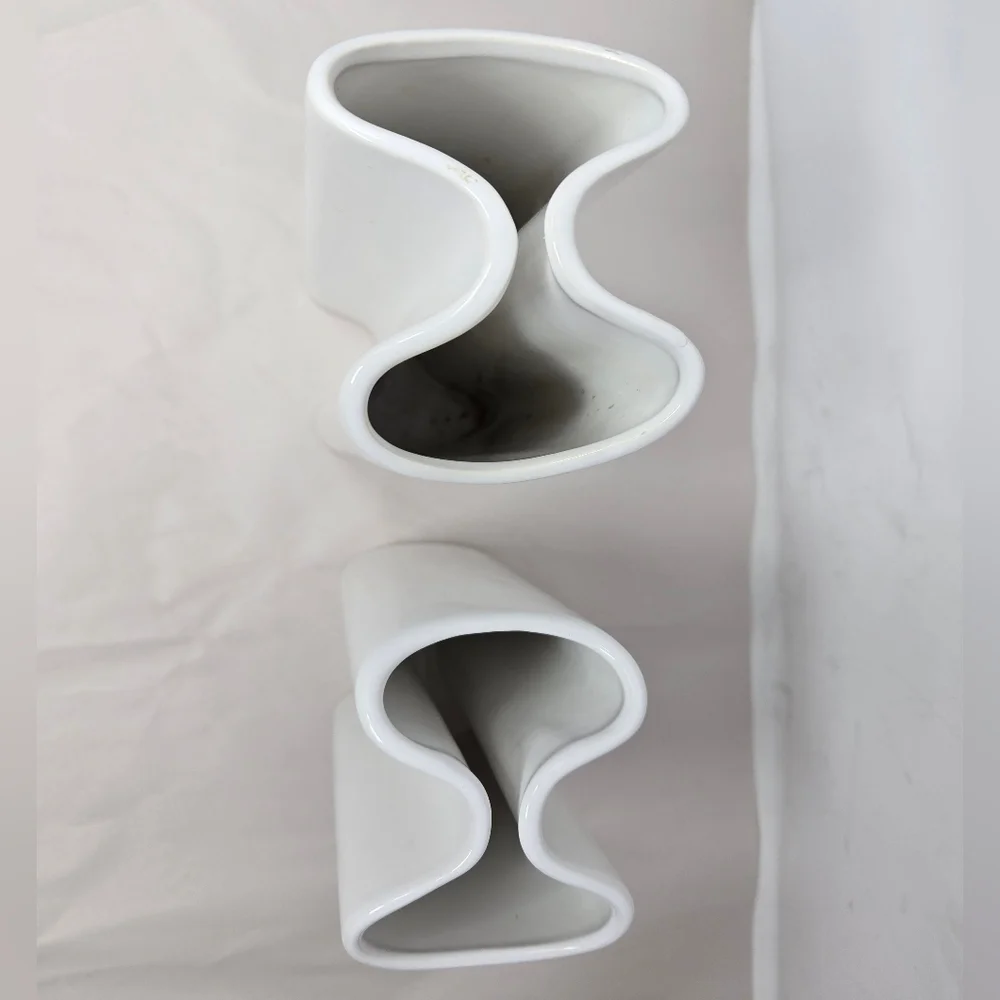 Vintage Dansk White Ceramic Pair of Double Vases Style Modernist Curvaceous